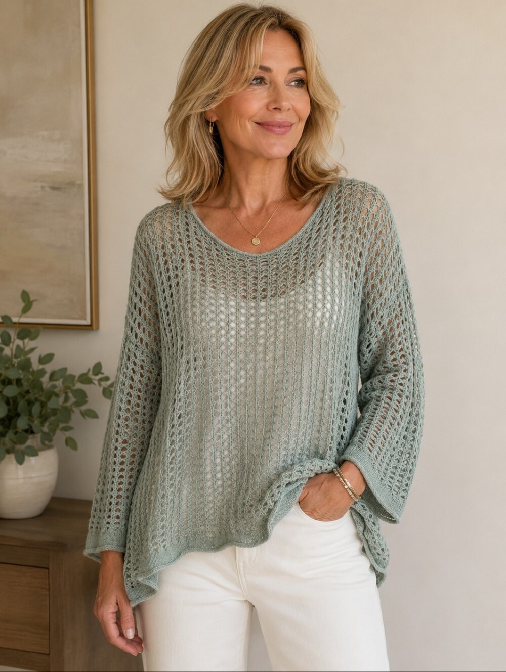 Zesica Crochet Open Knit Sweater Sage Green Lightweight Beach Cover Up Size L